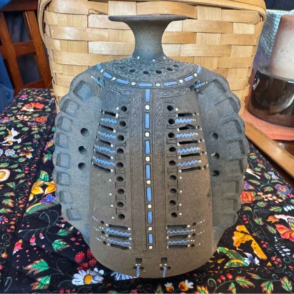 Vintage Art Studio Pottery Weed Pot Vase Perforated Holes Pinch Toledo Spain